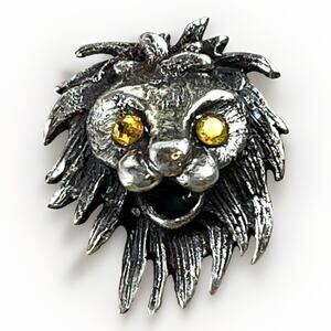 Lions Head Pin Yellow Jewel Eyes Vintage 925 Sterling Silver Lion Pendant/ Pin